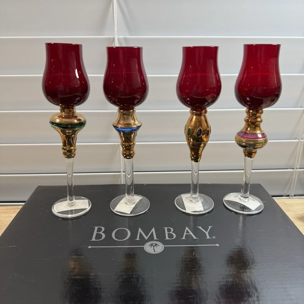 4 Vtg Bombay Company Romanov Ruby Gold Long Stem Cordial‎ Glasses New  7