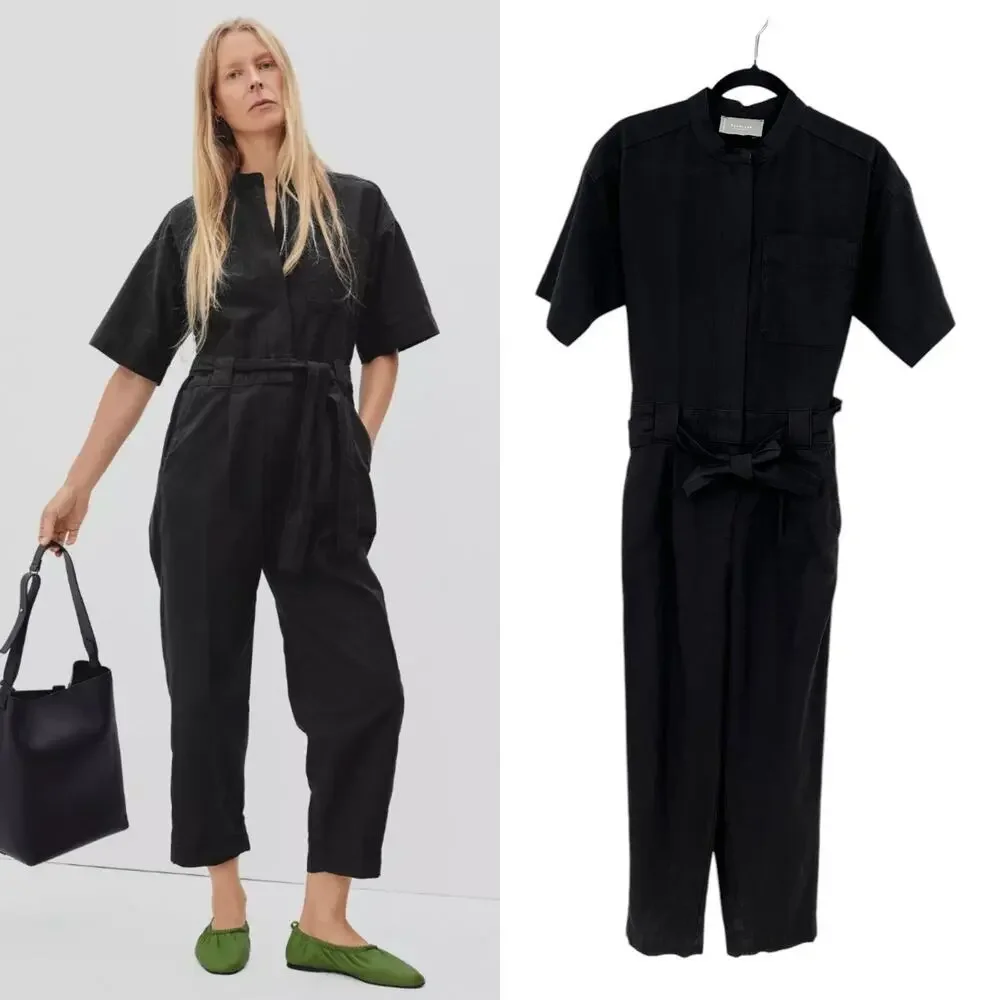 Everlane The Fatigue Jumpsuit Short Sleeve Crop Belted Cotton Linen Black Size 0