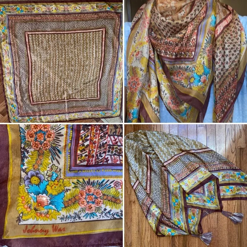 Johnny Was $110 Silk Boho Brown Gold Turquoise Block Print Tassel Scarf EUC