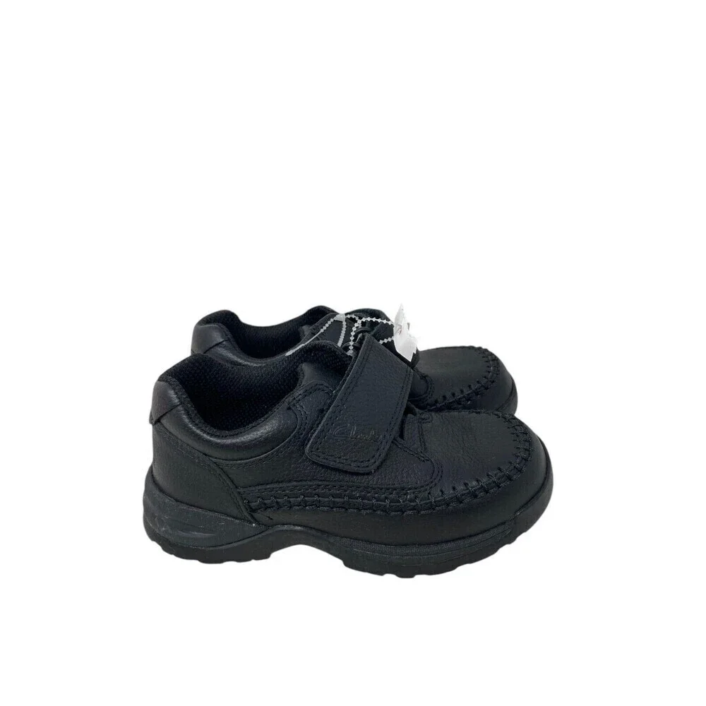 Clarks Caribou Sneakers Kids Size 10 Wide Black Leather Hook Loop Closure