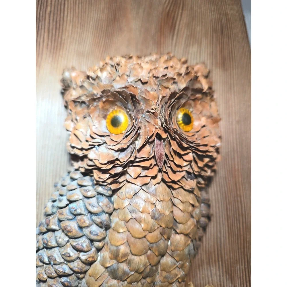 Vintage 1970s‎ Handmade Pine Cone Owl Wood Plaque Rustic MCM Folk Art Wall Decor