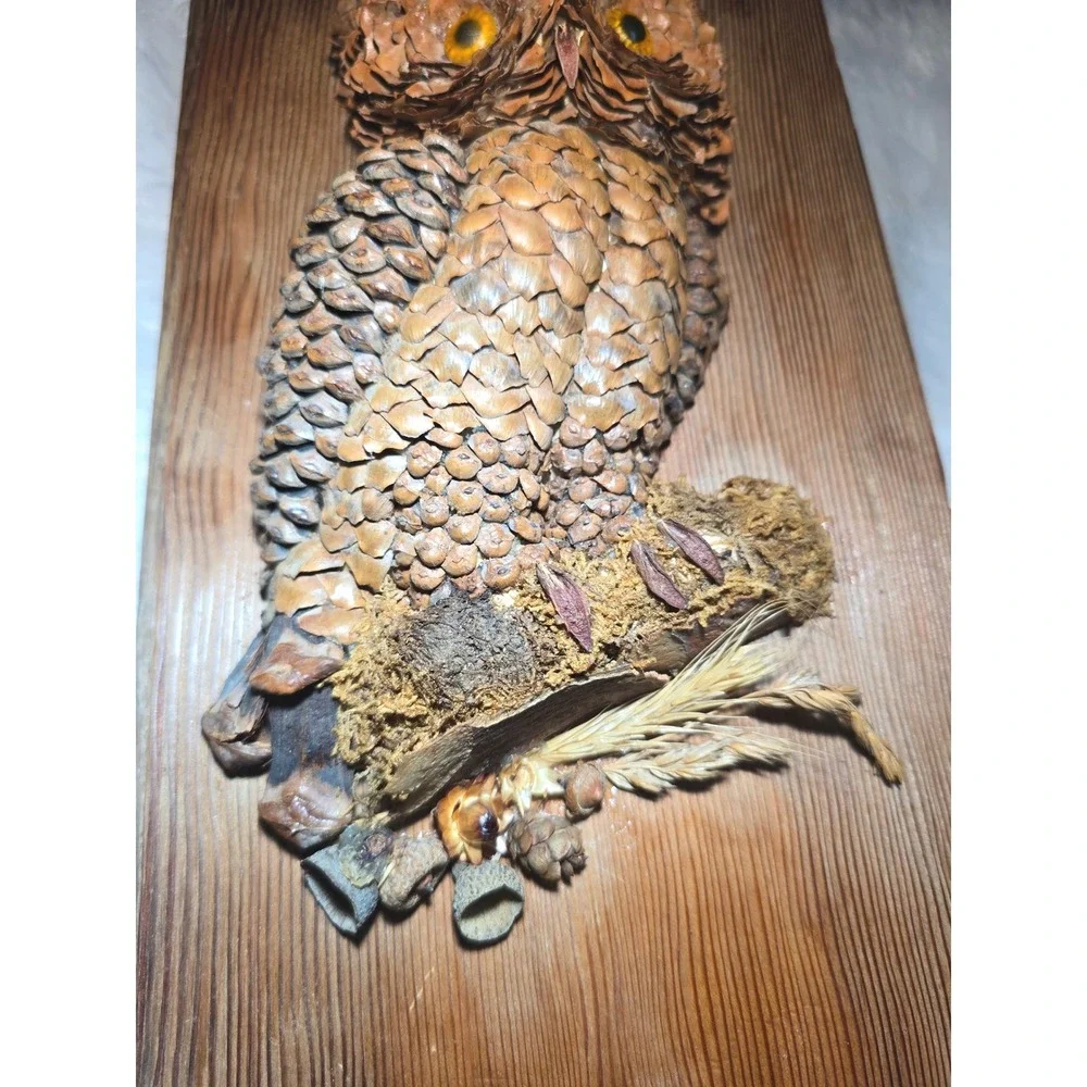 Vintage 1970s‎ Handmade Pine Cone Owl Wood Plaque Rustic MCM Folk Art Wall Decor