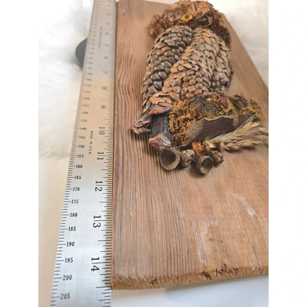 Vintage 1970s‎ Handmade Pine Cone Owl Wood Plaque Rustic MCM Folk Art Wall Decor
