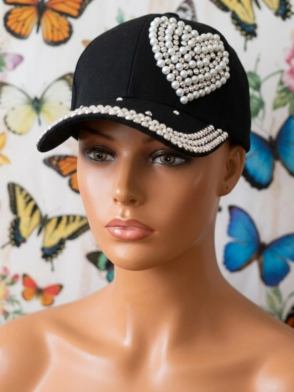 Black Baseball Cap with Pearl Heart and Rhinestone Trim
