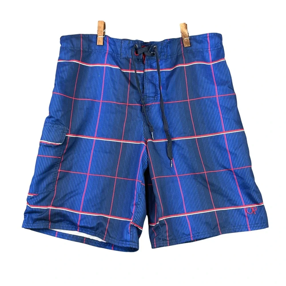 OP Board Shorts Mens L 36-38 Blue Plaid Swim Trunks OM16201Y Cargo Pocket