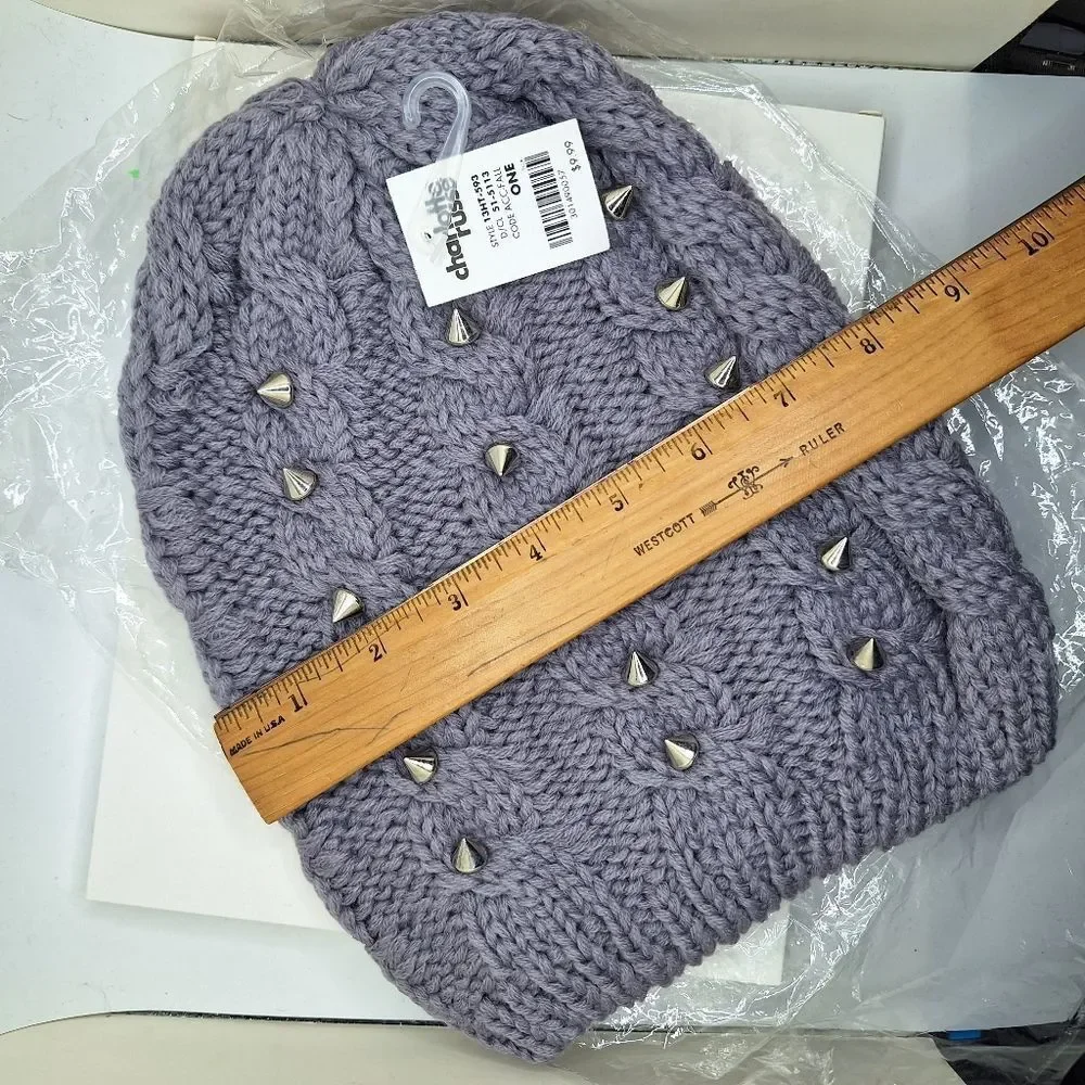 gray spike studded slouchy beanie knitted hat
