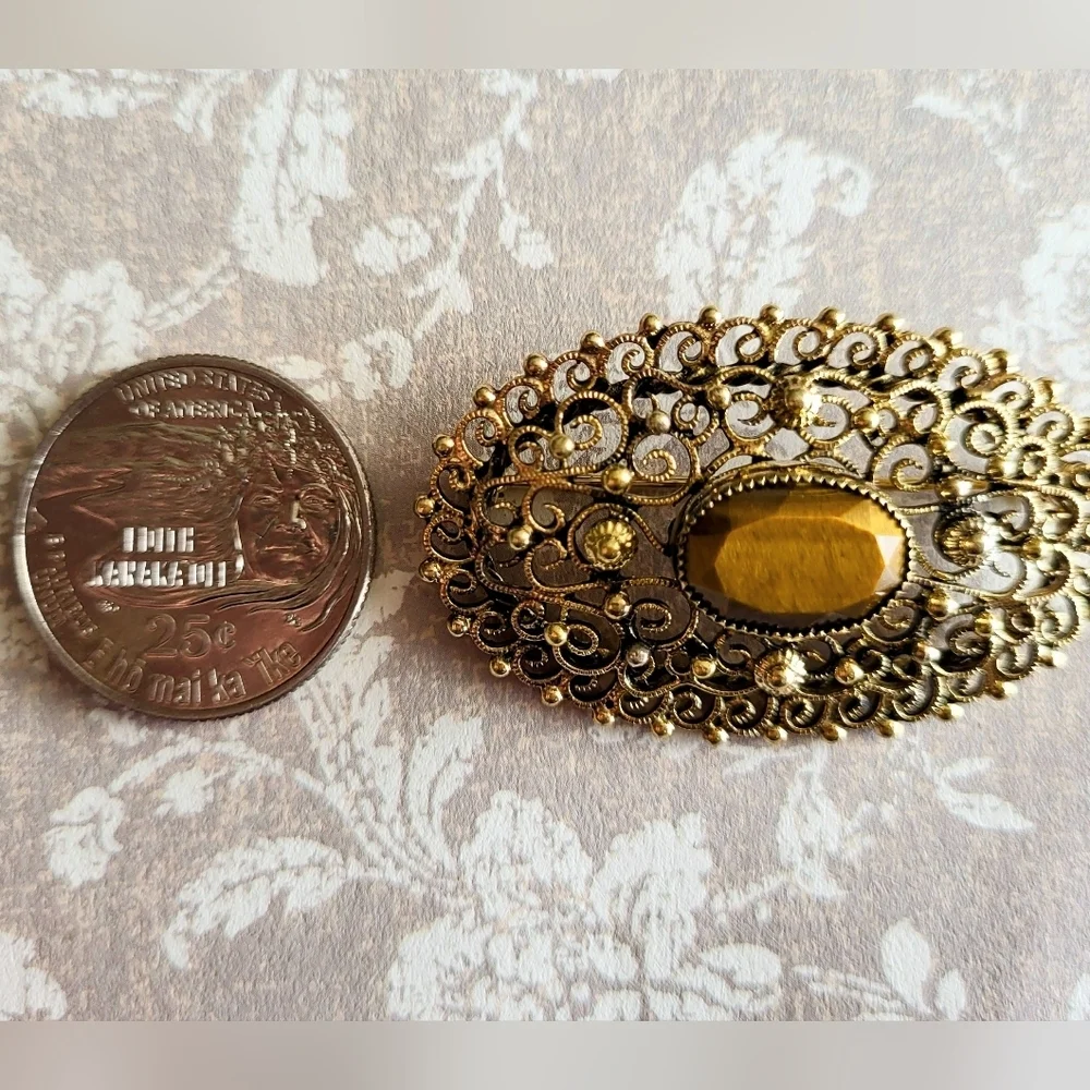 Vintage Danecraft Sterling Filigree Tiger’s Eye Brooch ✨
