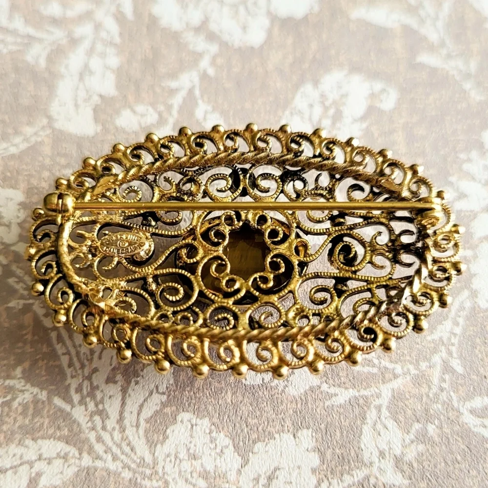 Vintage Danecraft Sterling Filigree Tiger’s Eye Brooch ✨
