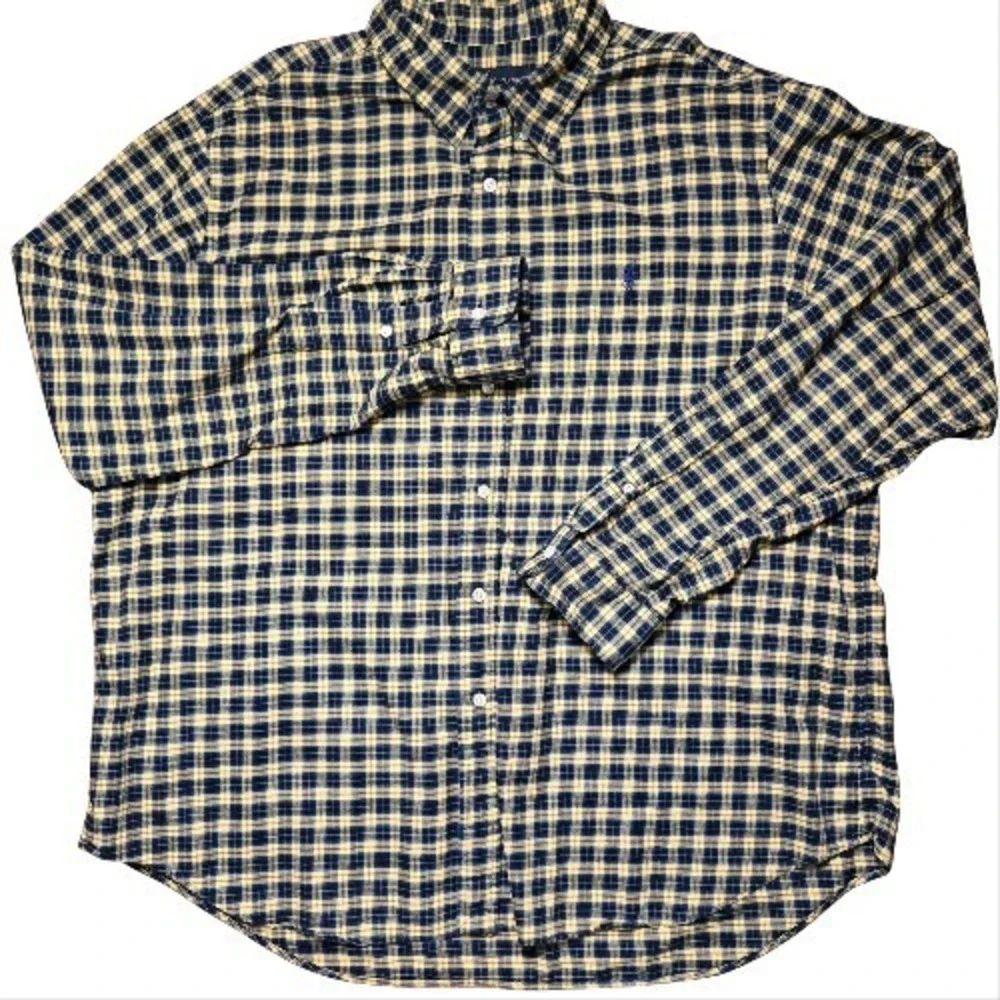 Polo Ralph Lauren Size 2X Flannel Navy Yellow Plaid Button Down Workwear Classic