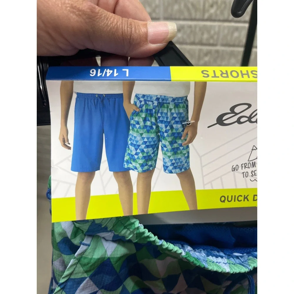 Eddie Bauer Kids 2 Pack Youth Hybrid Shorts Blue Green Geometric L 14/16 NWT