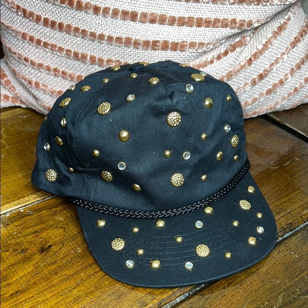 Vintage 80’s Black Cap with Gold‎ Studs and Rhinestones- OS