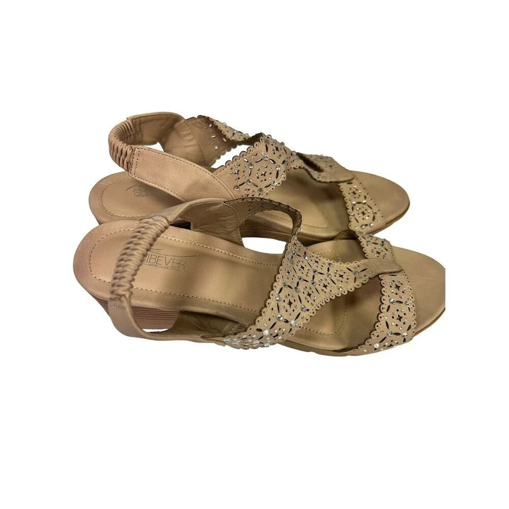 Shibever Wedge Sandals Womens Size 9 Beige Slingback Rhinestone Open Toe