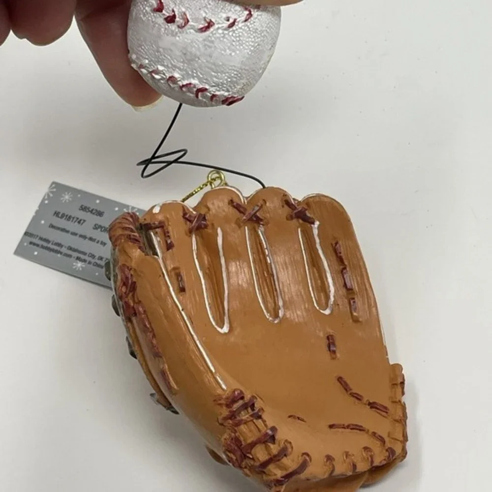 New‎ Baseball Glove Ball Christmas Ornament 3.5” Tan Brown Resin