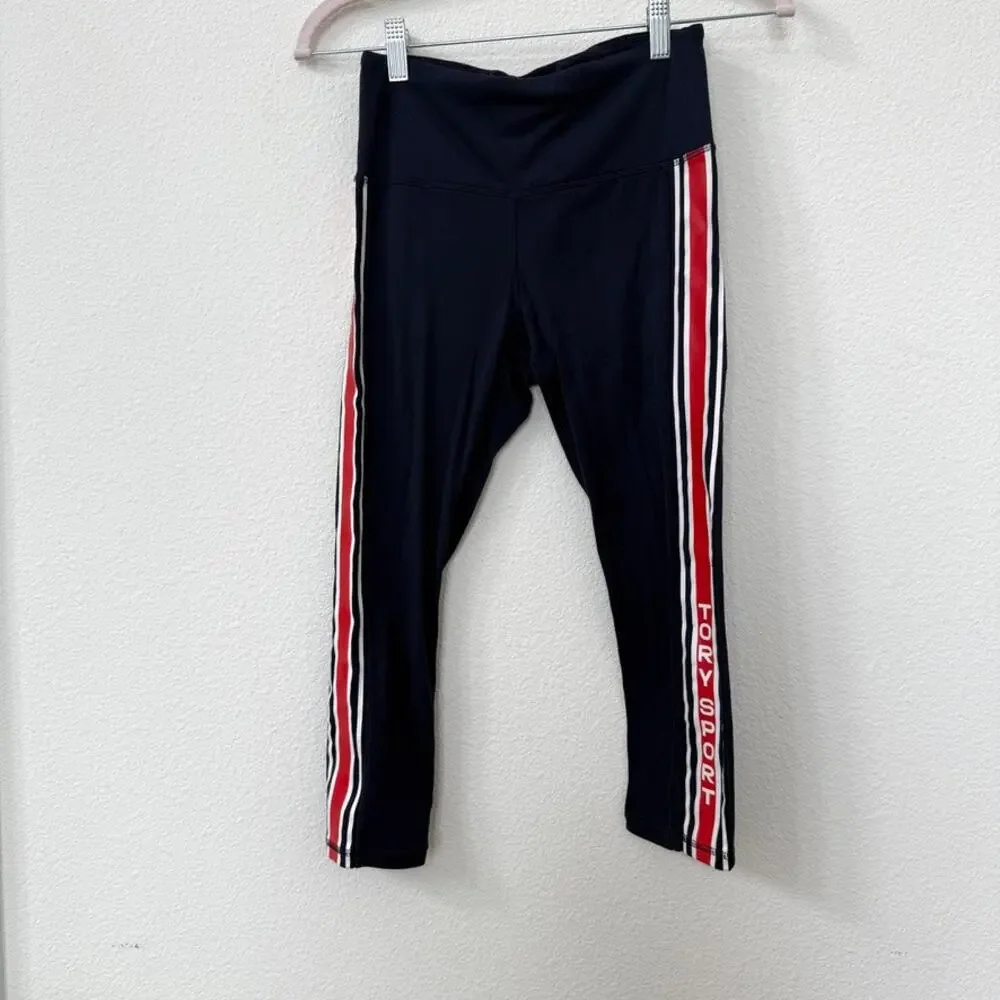 Tory Sport Side Stripe Leggings Navy Red White‎ Logo Small High Rise 7/8