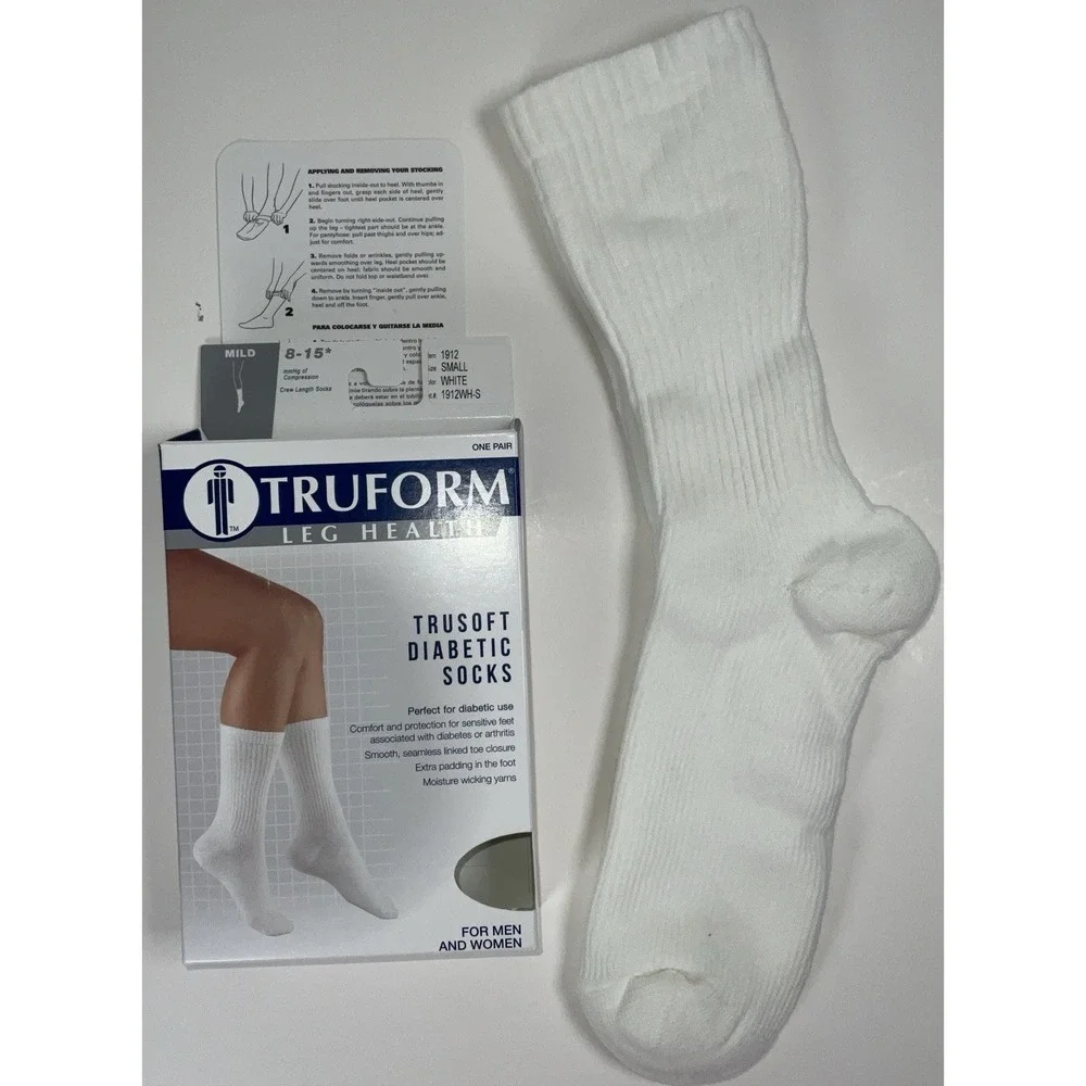 NIB TruForm Leg Health Unisex TruSoft Diabetic Crew Socks 8-15 mmHG White‎ Small