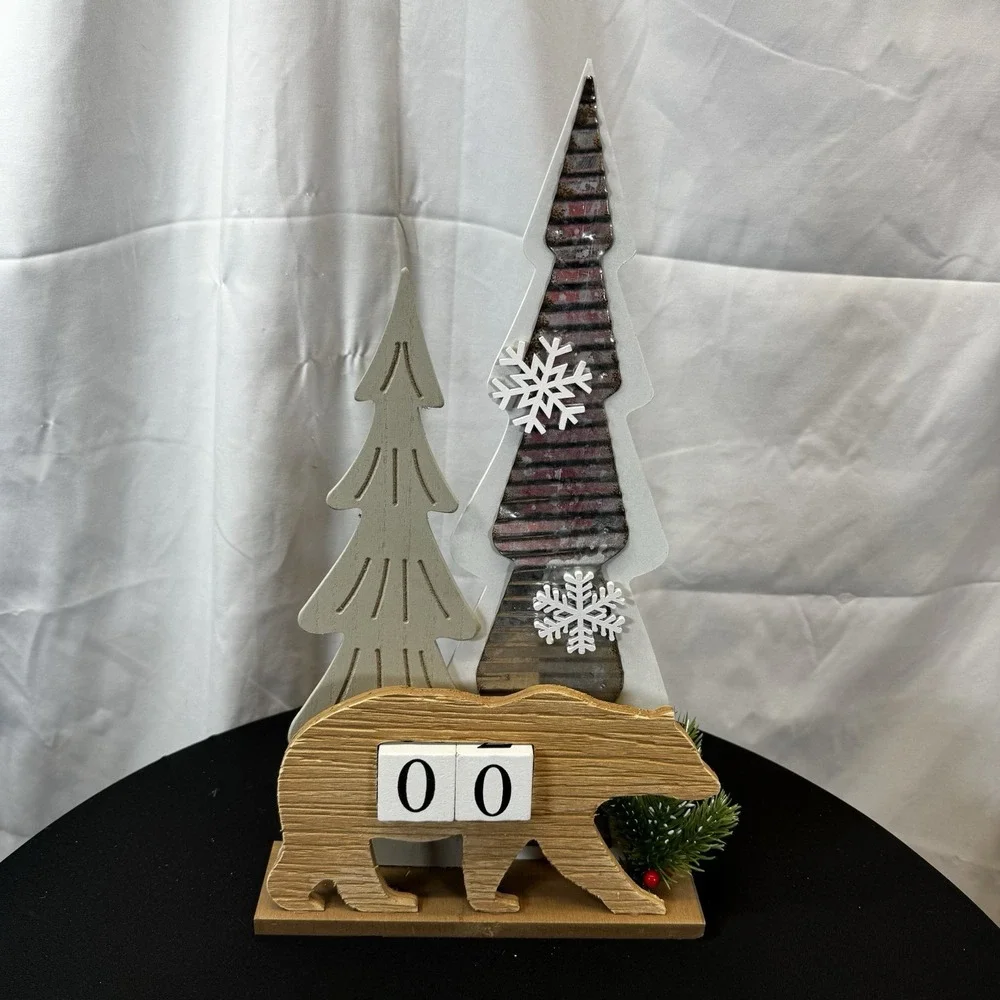 Christmas Tree Advent Countdown Wooden Farmhouse‎ Decor White Bear Rustic