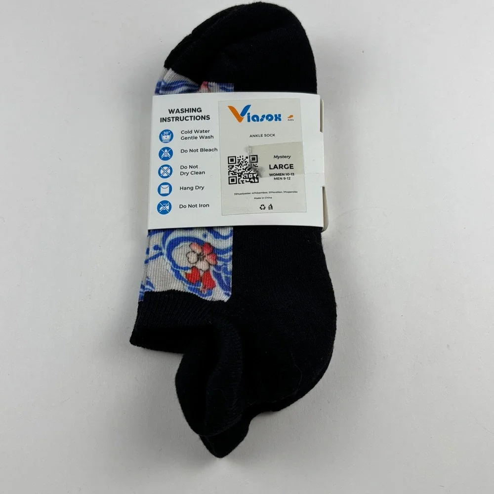 Viasox Diabetic Ankle Socks Unisex Large Black Blue Floral NWT Mystery Pattern