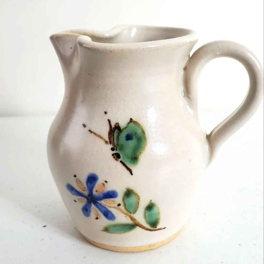 Vintage Dover Pottery Pitcher Artist Signed DBG 1984 Floral Butterfly Vase‎