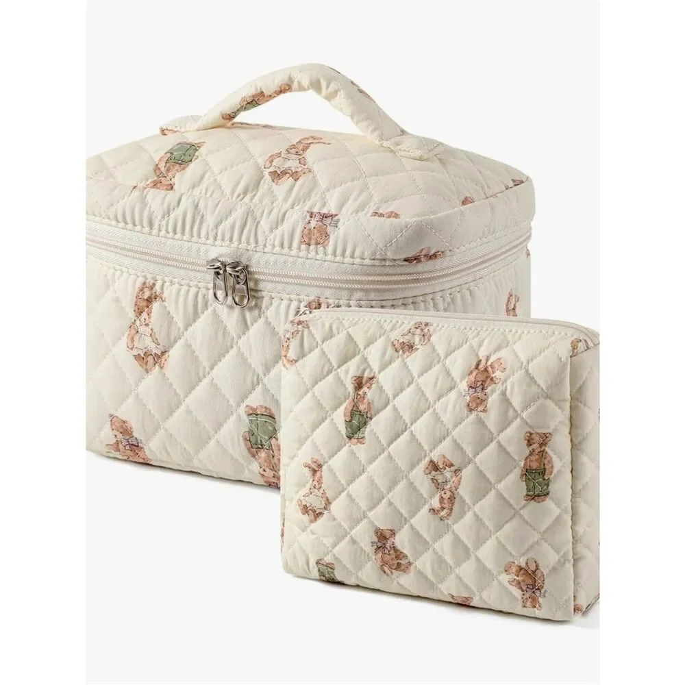 NEW Quilted Cream Bear Print Cosmetic bag Set
