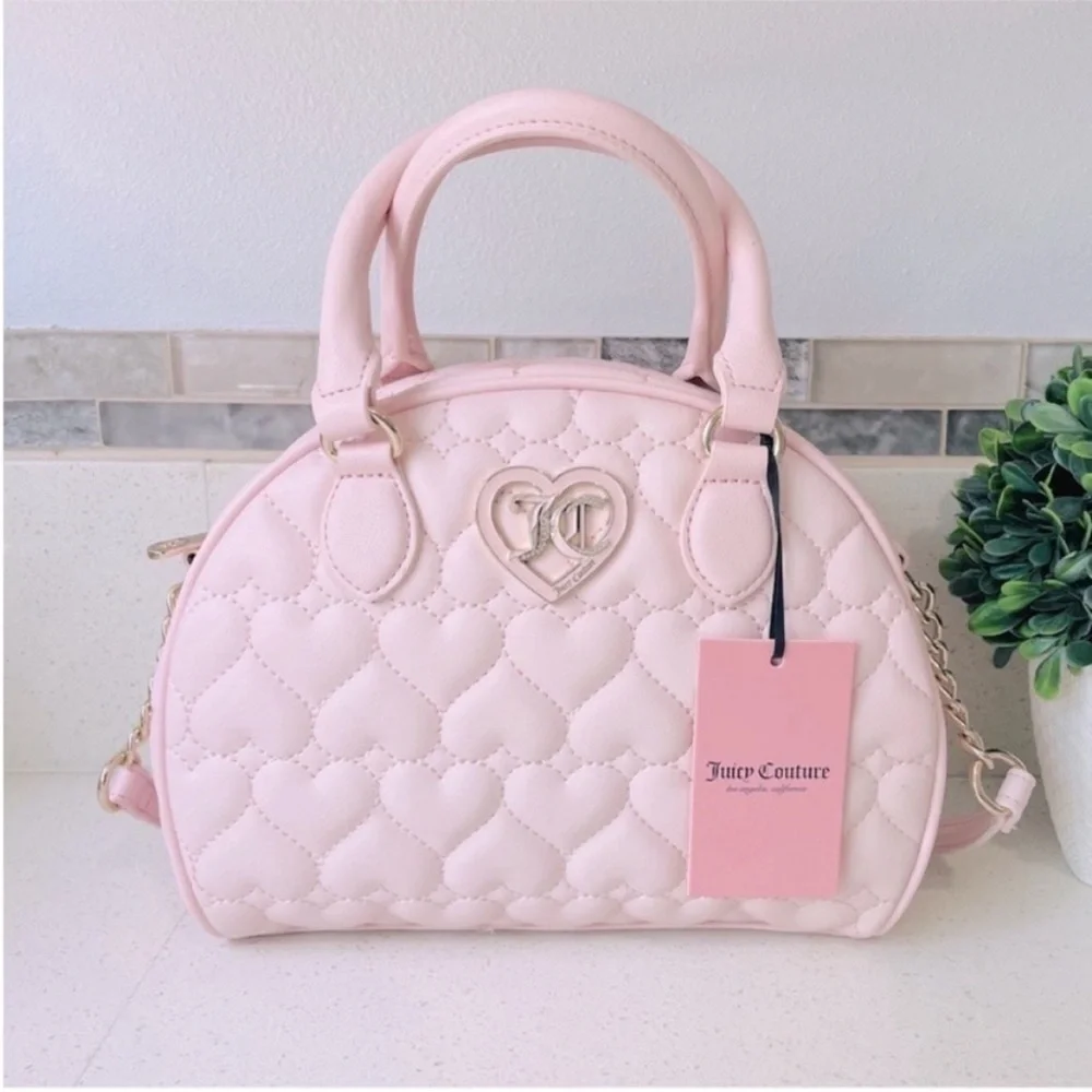 NEW Juicy Couture Pink Heart Quilted‎ Satchel Crossbody Bag Rhinestone JC Logo