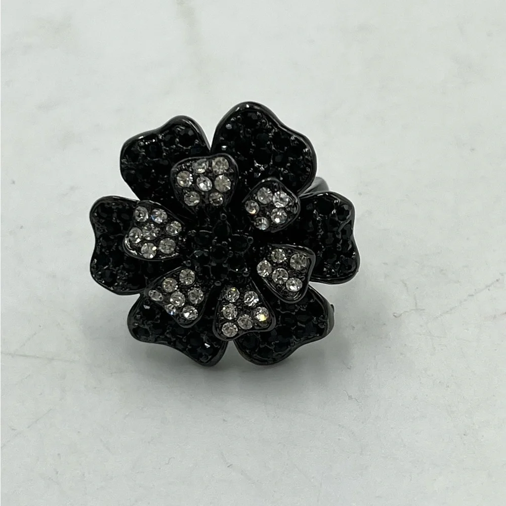 Rare Joan‎ Rivers Gunmetal Finish Belle Fleur Black & Clear Crystal Ring 6 New