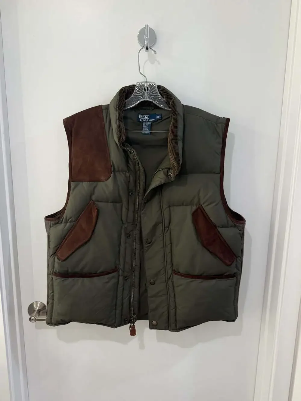 Polo Ralph Lauren Olive Green Down Puffer Vest with Suede Shoulder and Pocket Ac
