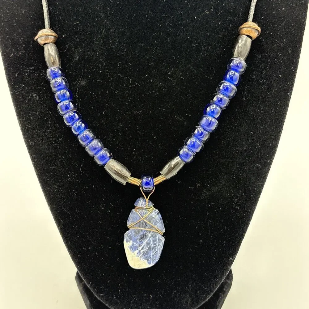 Sodalite Pendant Oval Blue Marbled Gemstone On Black Cord Healing/Energy