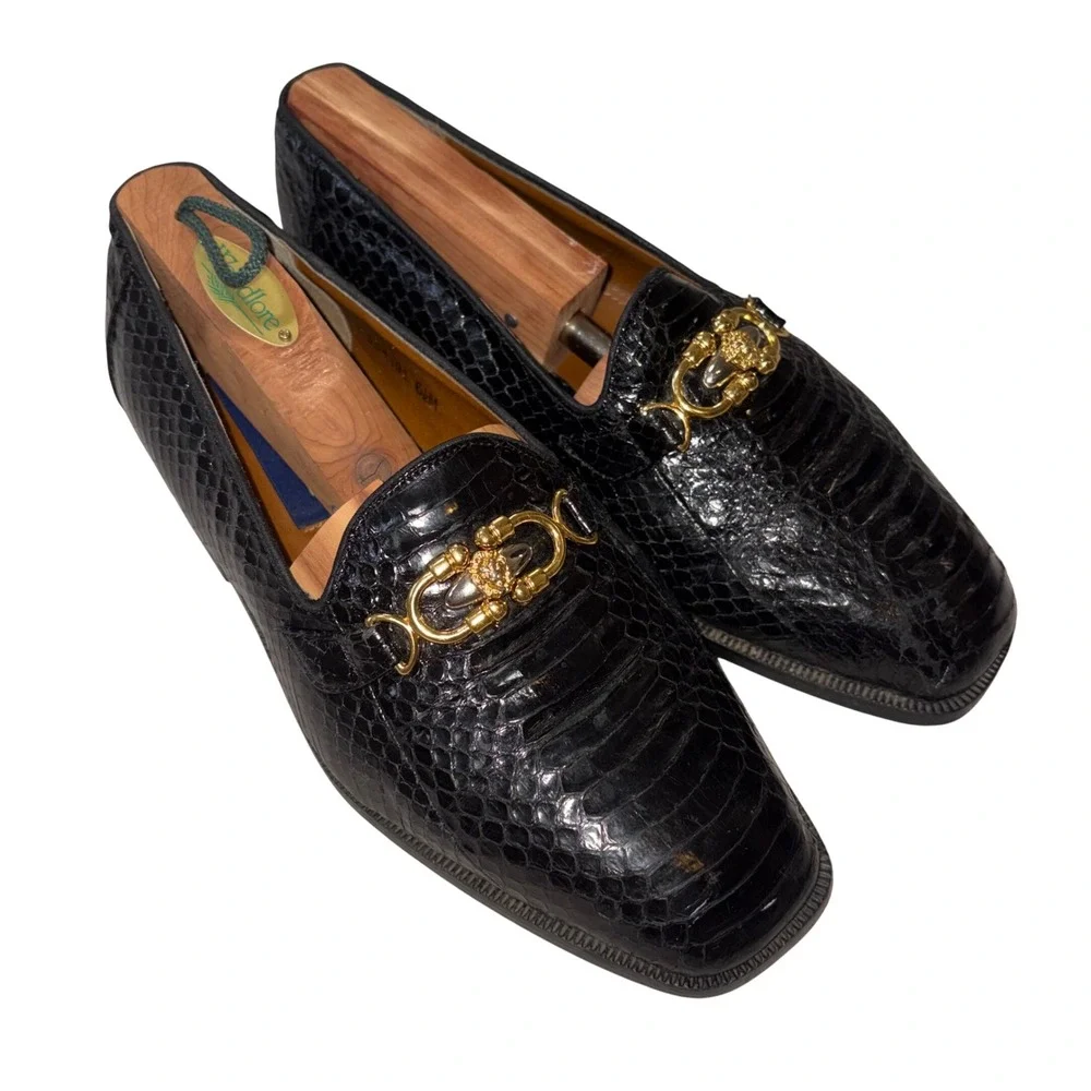 Giorgio Brutini Mens 6.5 Black Genuine Snake‎ Skin Lion Head Bit Loafers Vintage