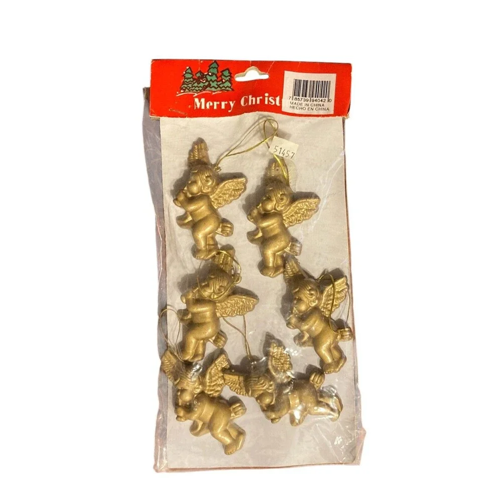 Set‎ of 6 Vintage Copper Plastic Cherub Angel Ornaments Playing Instruments