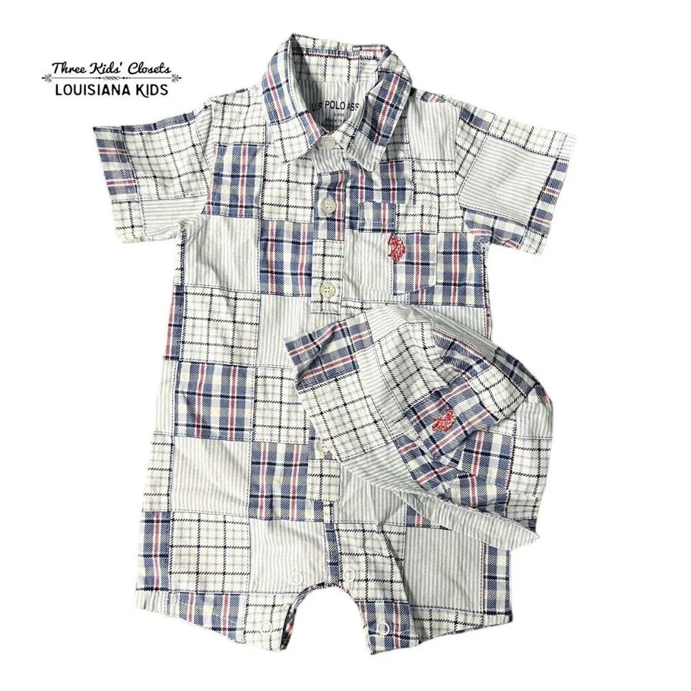 U.S. Polo Assn. 6-9m Patriotic Madras Plaid Romper & Hat