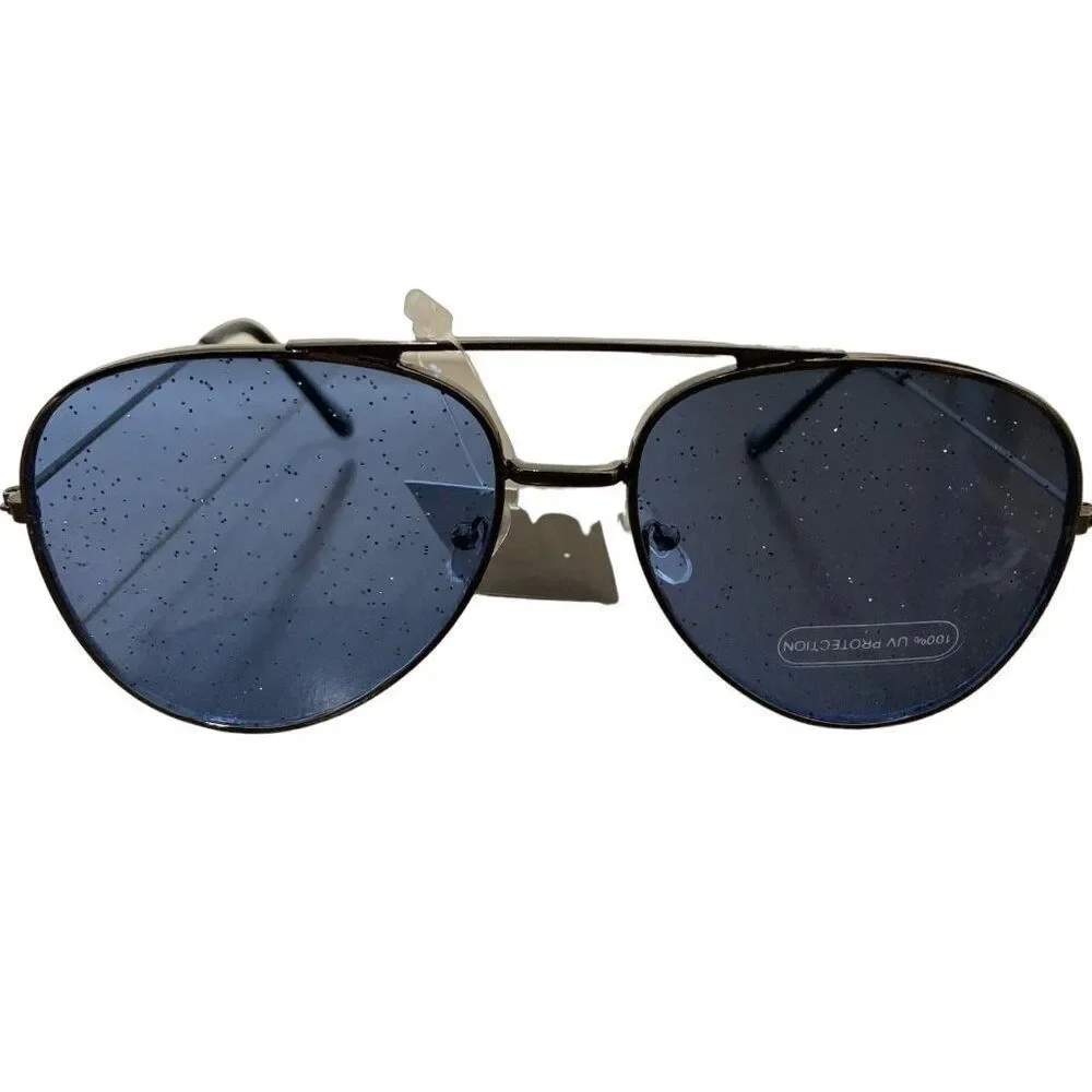 Womens new black frame blue glitter lens sunglasses aviator