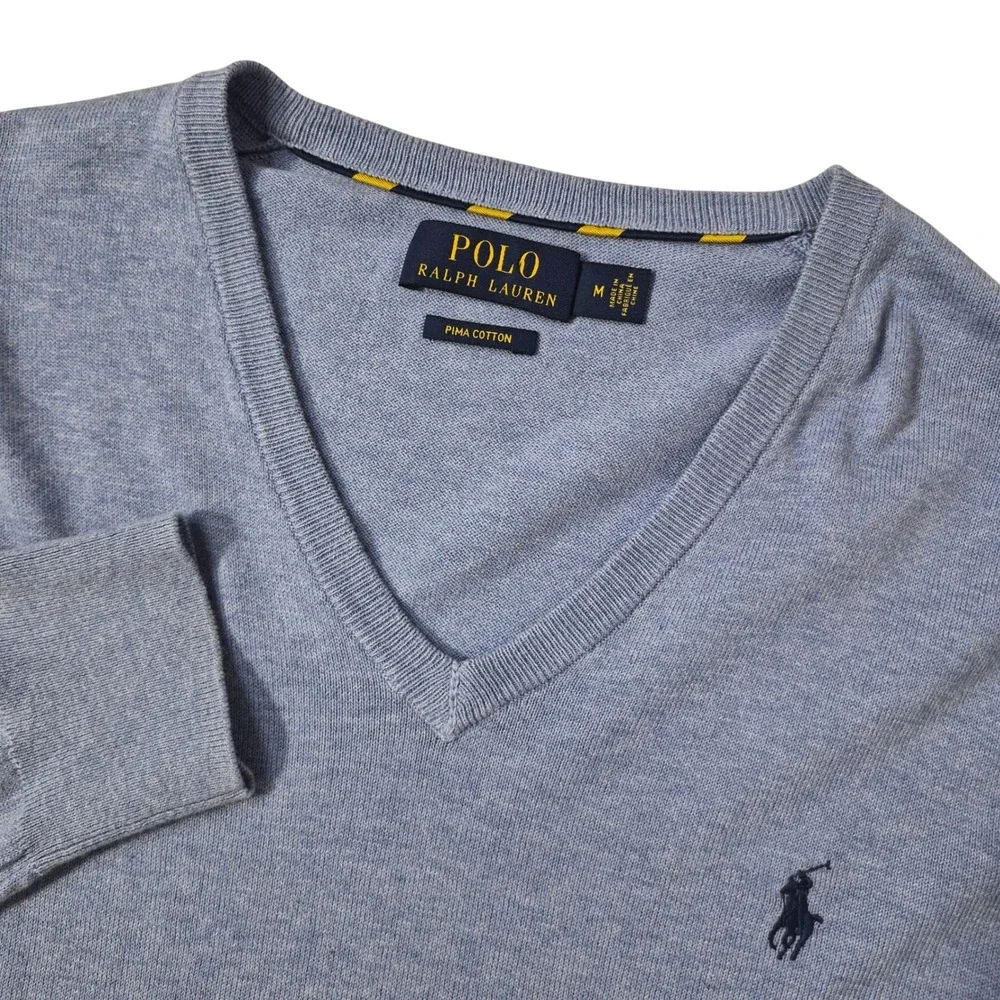Polo Ralph Lauren Sweater Mens Medium Blue Pima Cotton V-Neck Pony‎ Logo