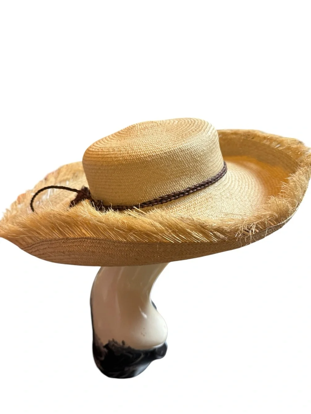 NIB Helen Kaminski Natural Straw Sun Hat Frayed Brim Braided Band 16”