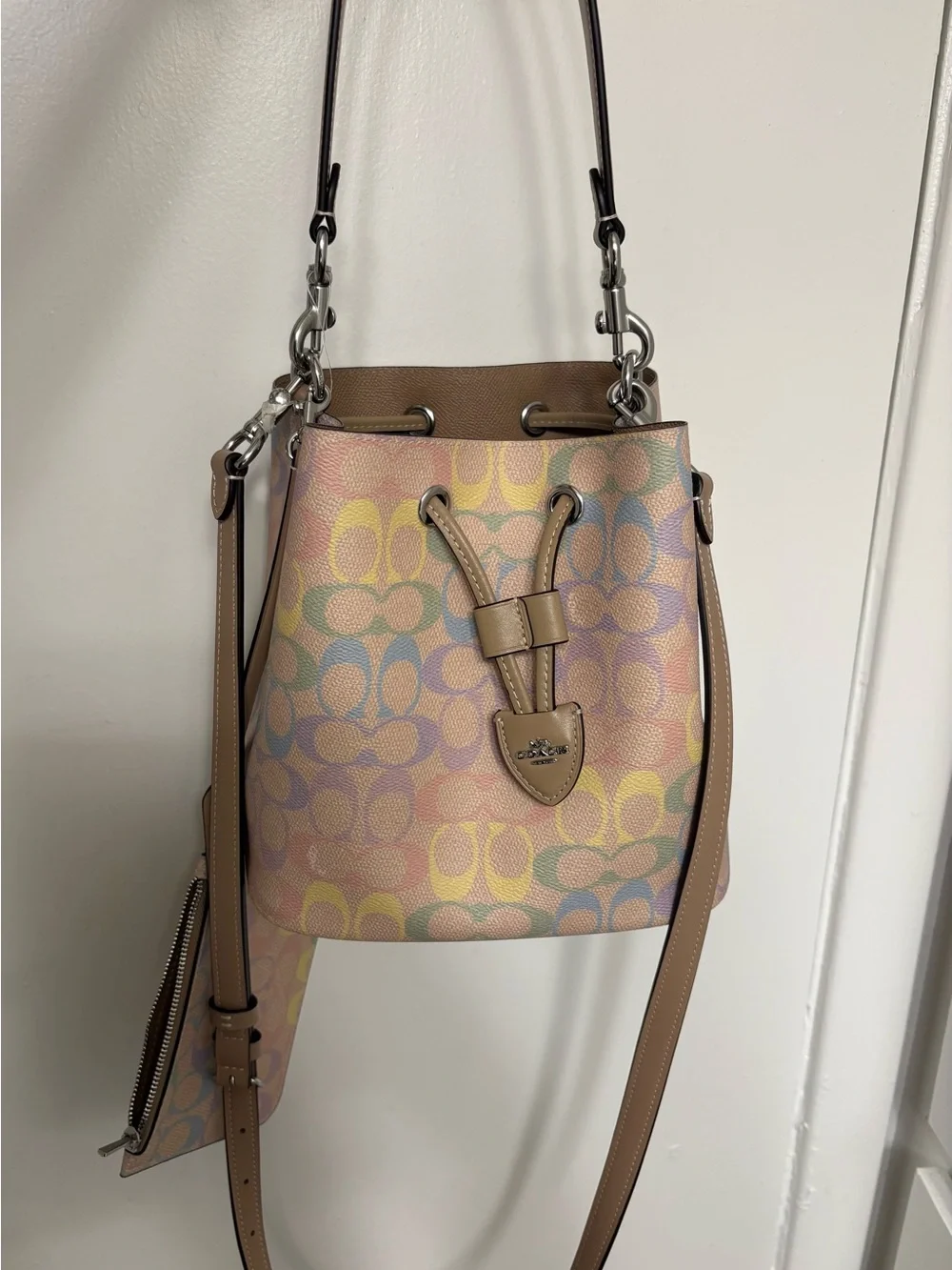 Coach Multicolor rainbow Pastel Signature Drawstring Bucket Bag with Tan Trim