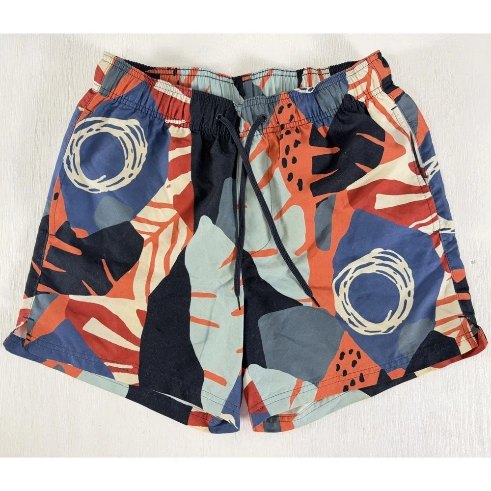 DRESSMANN Pattern Geo SWIM Trunks Men's Size S Shorts Navy Orange Sport Volley