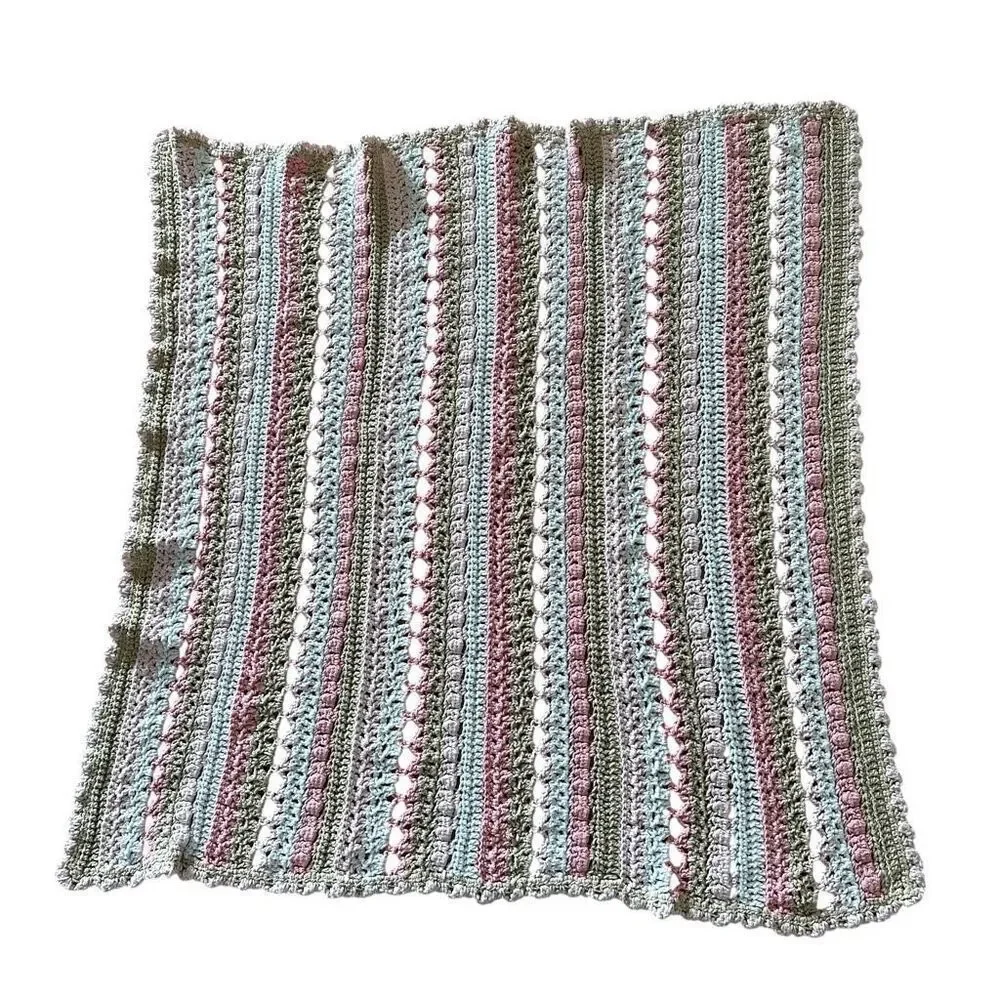 Hand Knit Baby Afghan Tan, White & Pink