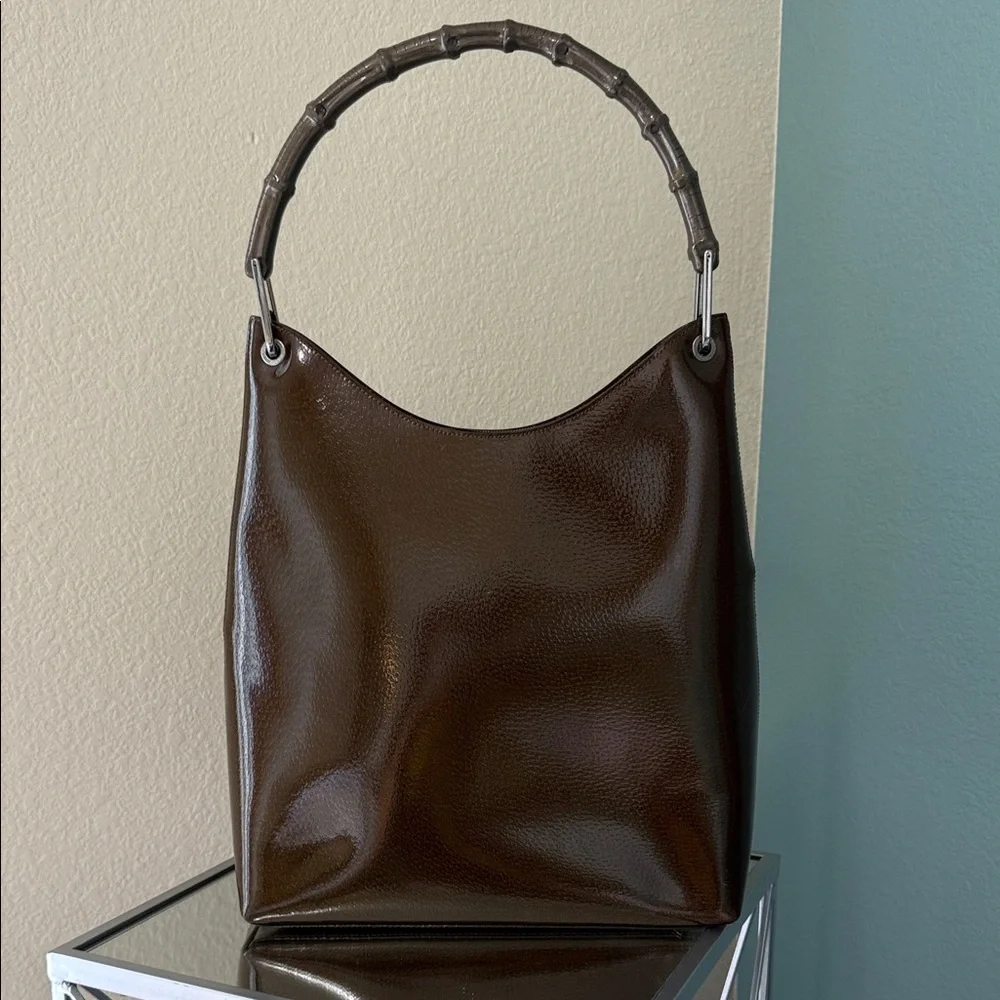 Gucci Dark Brown Patent Leather Bamboo Handle Hobo Bag Tom Ford