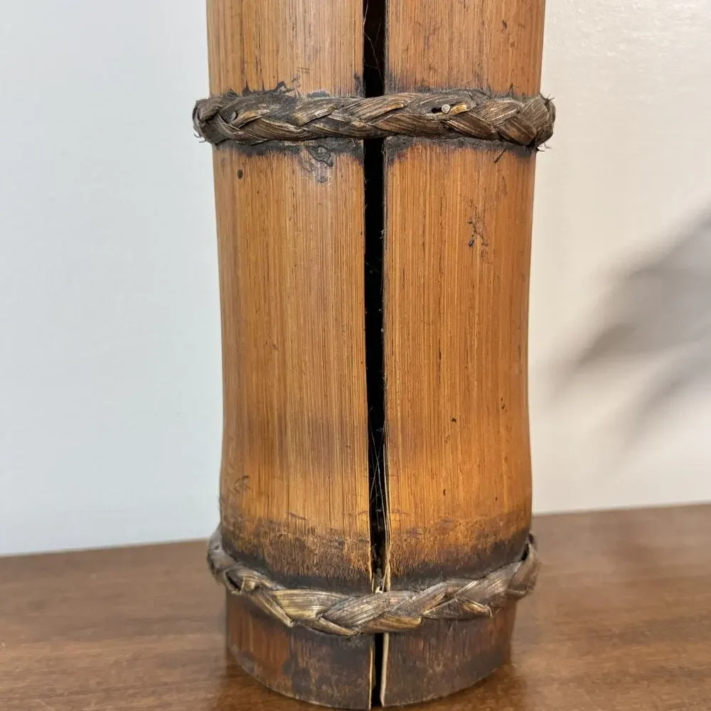 Vintage Handcrafted Bamboo Vase Planter with Braided Rope Handle & Accents 16.5