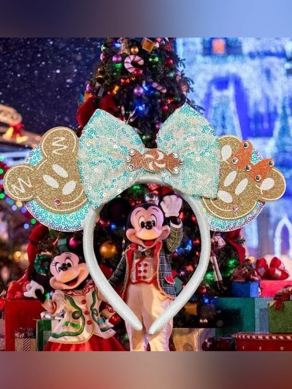 Disney Christmas Theme Sequin Bow & Brown Glitter Mickey Ear Headband