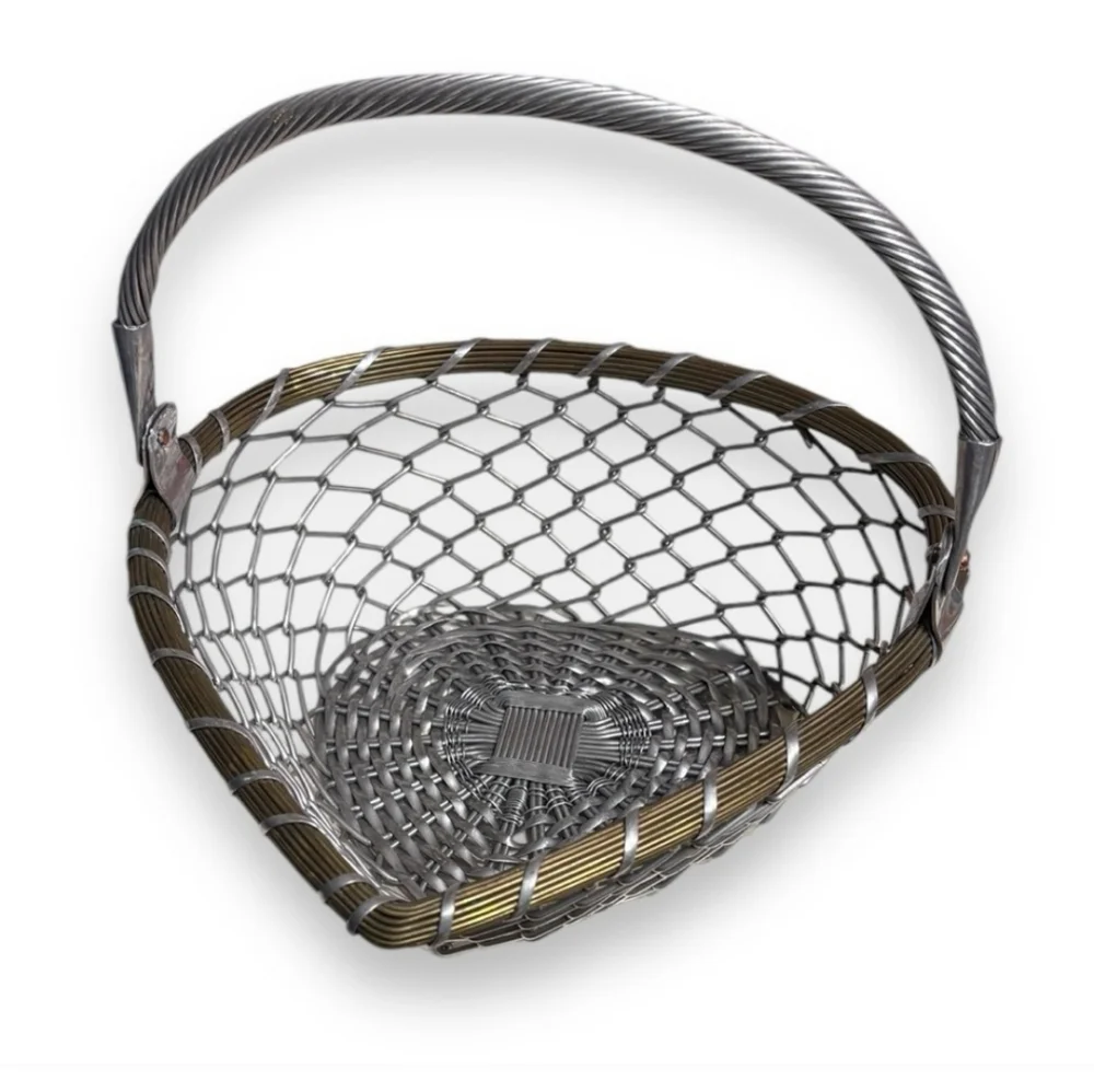 VINTAGE Aluminum & Brass Basket Hinged Twisted Metal Handle Mid Century Design