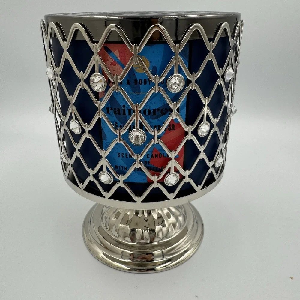Bath & Body‎ Works SILVER WIRED GEMS PEDESTAL 3-Wick Candle Rainforest Gardenia