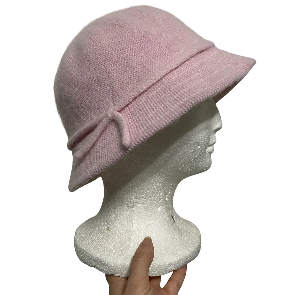 Women Fuzzy Baby Pink Rabbit Hair Cloche Bucket Hat with Bow Retro Y2K Pastel‎