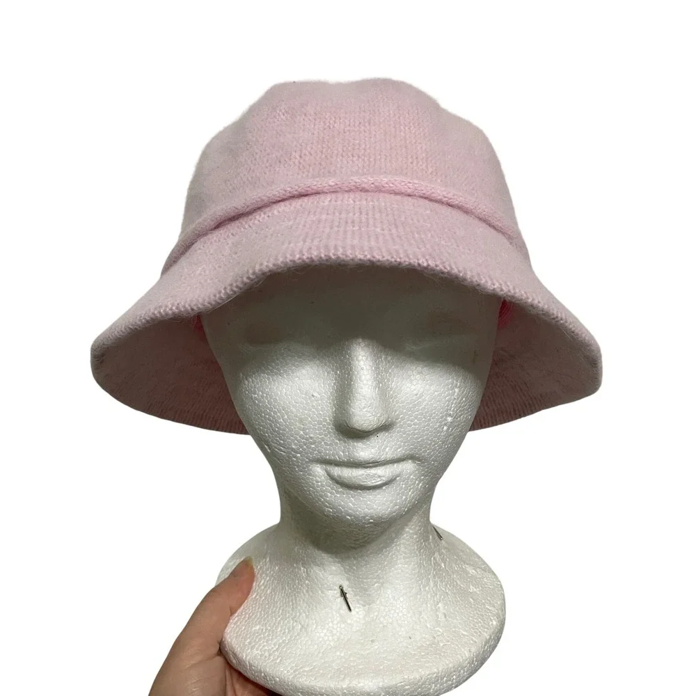 Women Fuzzy Baby Pink Rabbit Hair Cloche Bucket Hat with Bow Retro Y2K Pastel‎