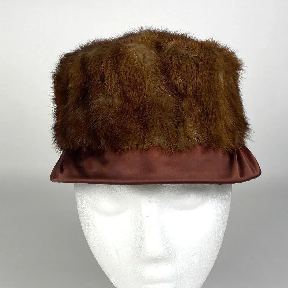 Vintage Genuine Brown Fur Cloche Pillbox Hat Satin Base Floral Lining Unbranded