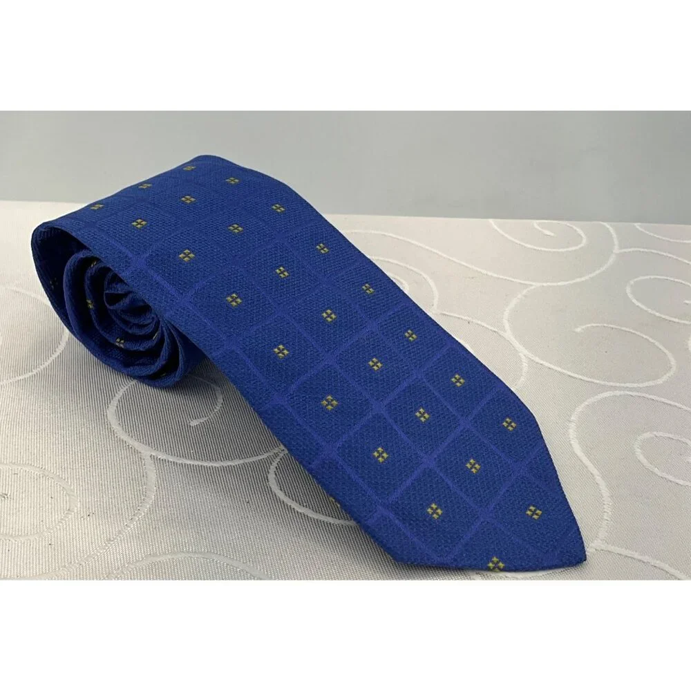 Tom James Long Men's Blue & Yellow Grid Pattern Silk Tie‎