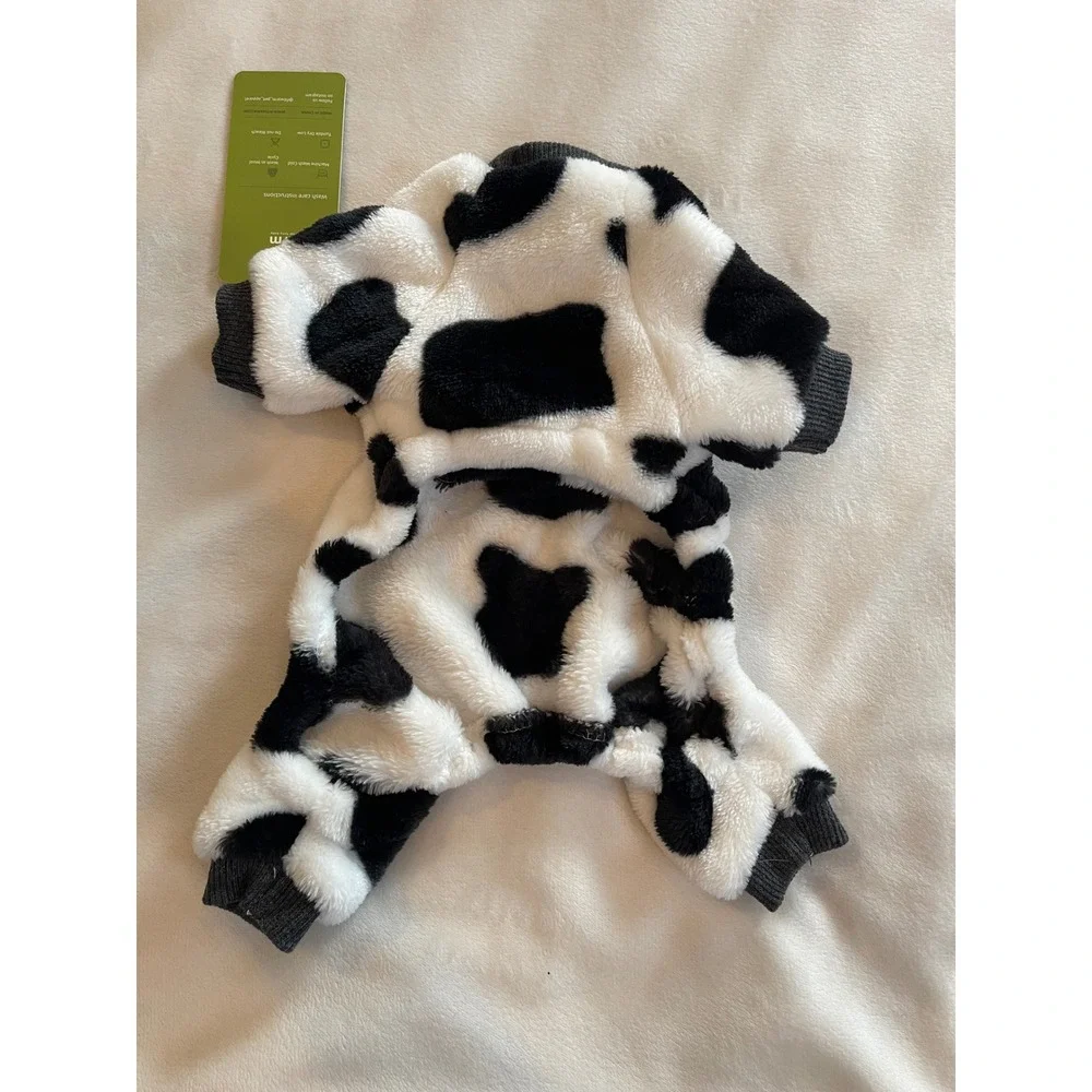 Fitwarm Dog Pajamas Cow Print Plush Fleece Pet Jumpsuit Black White Small