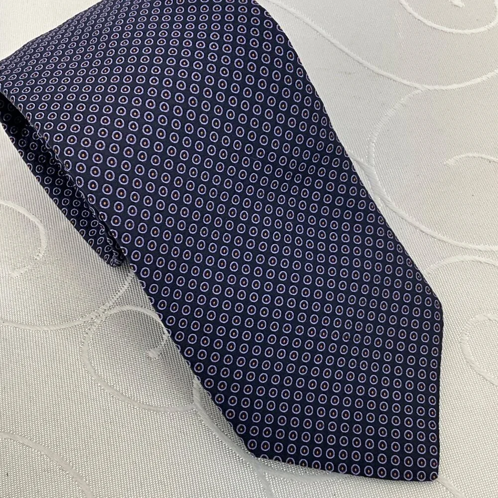 Tom James Men's Long Tie Navy Blue Geometric Pattern 100% Silk Formal Wear Acces