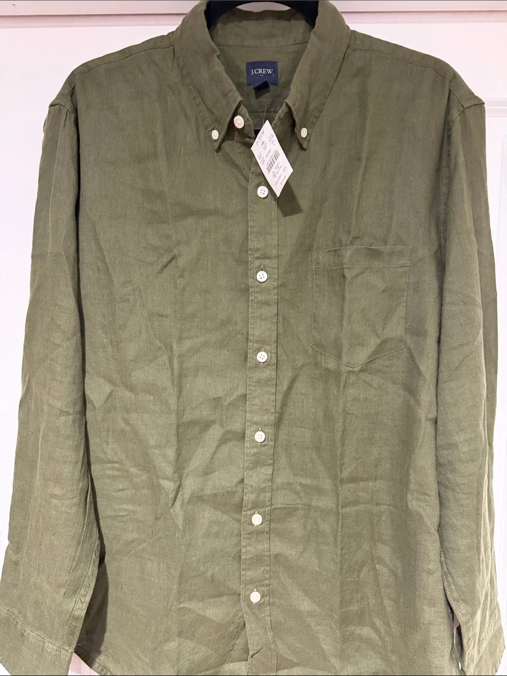 NWT! J. Crew Men’s Olive Green Long-Sleeve 80% Linen Button-Down Shirt Size L