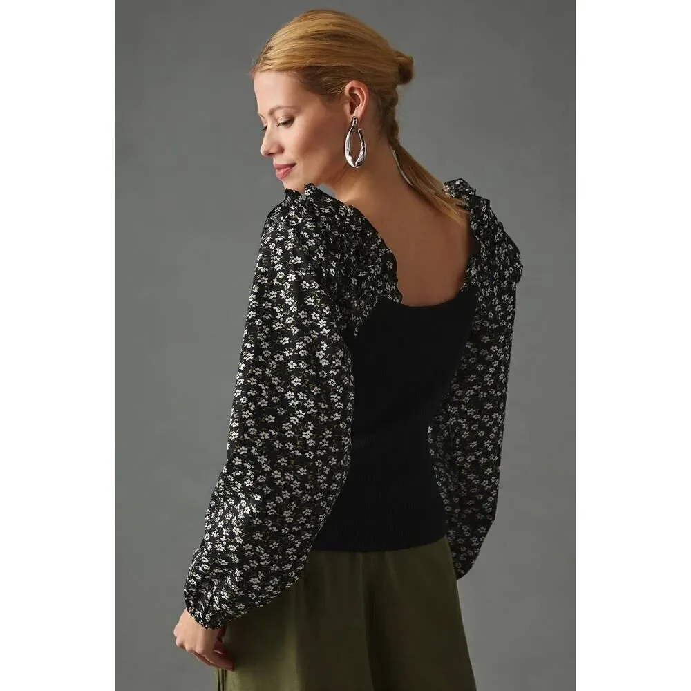 NWT By Anthropologie Woven Ruffle-Sleeve Sweater XS Black Floral Puff Sleeve