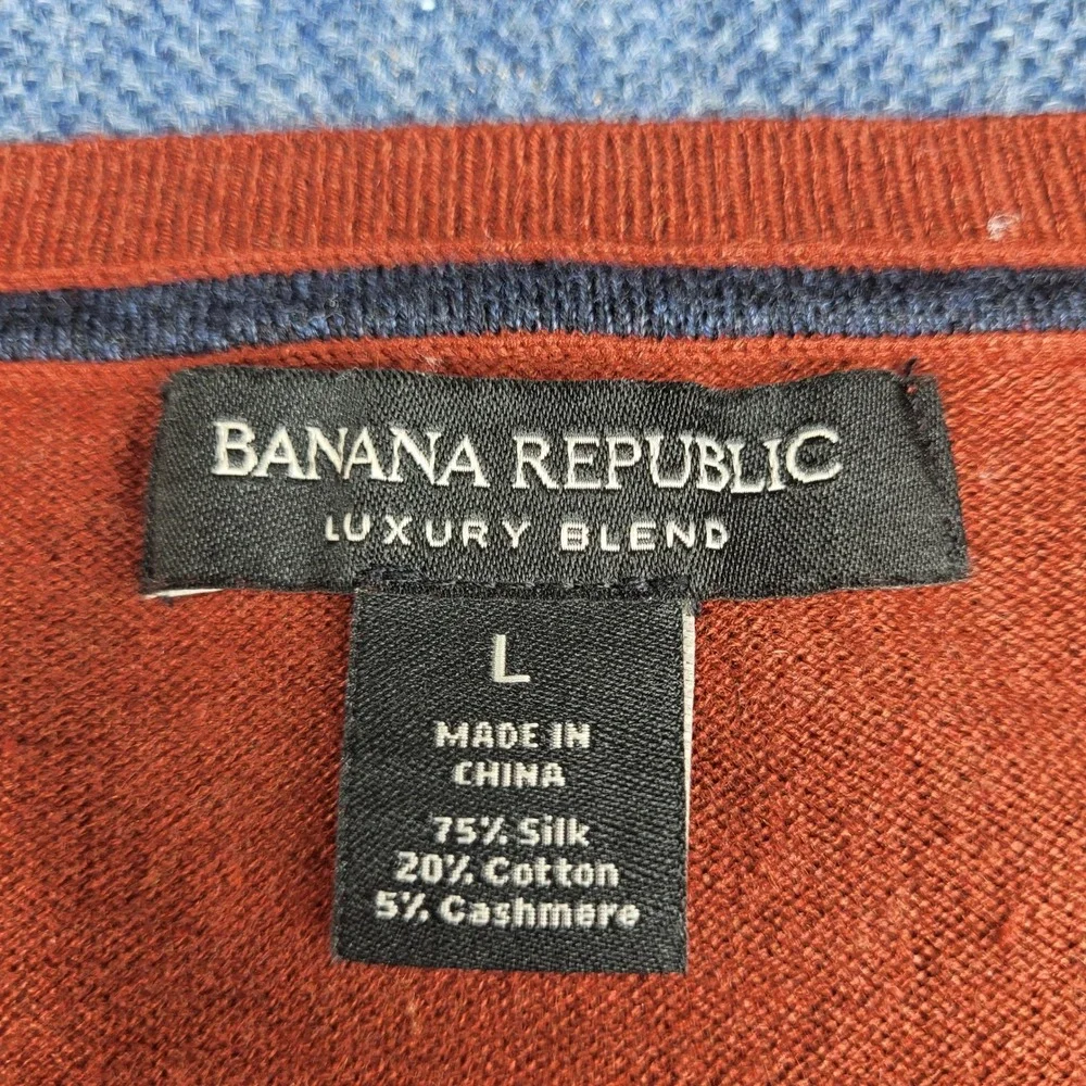 Banana Republic Mens Luxury Blend Silk Cotton Cashmere Striped Sweater Rust L